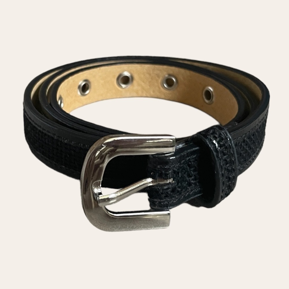Via Spiga Black Fabric & Leather Slim Skinny Silver Buckle Belt Size S